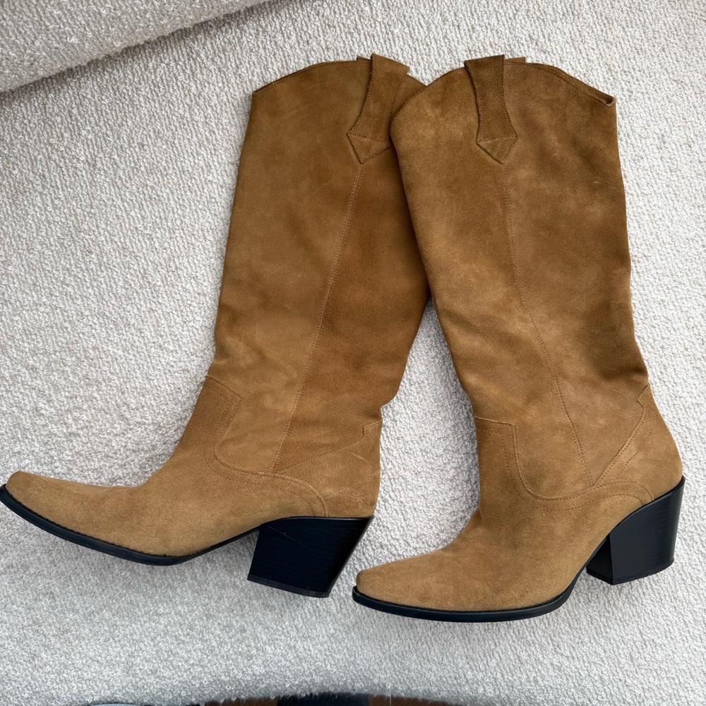 Zara KNEE HIGH SPLIT LEATHER COWBOY BOOTS, Tan Suede, size EU 40, US 9